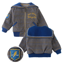 Load image into Gallery viewer, Children&#39;s plaid jacket with blue accents and embroidered details on a white background