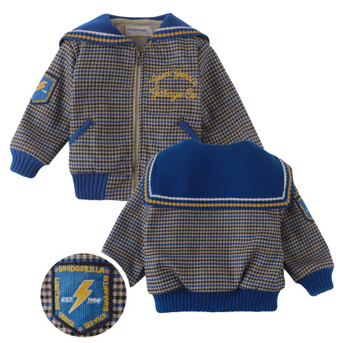 Children's plaid jacket with blue accents and embroidered details on a white background