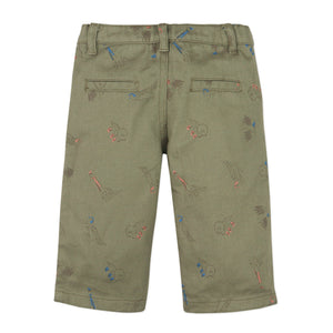 Green pants with small colorful patterns on a white background