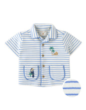 將圖片載入圖庫檢視器 Baby Ben striped jersey resort polo by Gingersnaps featuring banana and toucan embroidery, displayed on a flat lay.