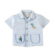 將圖片載入圖庫檢視器 Gingersnaps Baby Ben striped jersey resort polo with banana and toucan embroidery, front view of the colorful top.