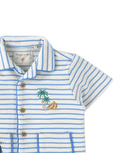 將圖片載入圖庫檢視器 Baby Ben striped jersey resort polo by Gingersnaps featuring banana and toucan embroidery, with a collared neckline and vibrant tropical design.