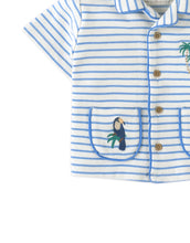 將圖片載入圖庫檢視器 Baby Ben striped jersey resort polo top with banana and toucan embroidery by Gingersnaps, featuring colorful tropical print.