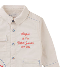 Load image into Gallery viewer, Beige shirt with red text &#39;League of the Good Gorilla&#39; on a white background