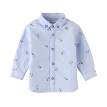 Load image into Gallery viewer, Light blue children&#39;s shirt with small patterns on a white background