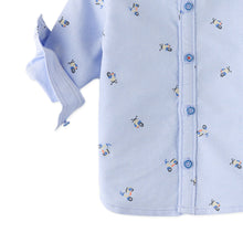 Load image into Gallery viewer, Light blue baby outfit with embroidered designs on a white background