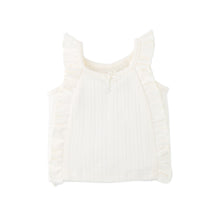 將圖片載入圖庫檢視器 Baby Gingersnaps Freyja diamond row pointelle jersey knit top with ruffles and rosette details, front view image.