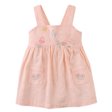 Load image into Gallery viewer, Baby Kayla Apron Dress by Gingersnaps with adorable bunny embroidery, featuring a charming apron style and soft fabric.
