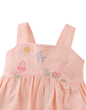 Load image into Gallery viewer, Baby Kayla apron dress by Gingersnaps featuring bunny embroidery, with a soft fabric and shoulder straps for a cute, playful look.