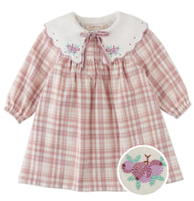 Load image into Gallery viewer, Pink checkered dress with embroidered collar and turtle design on a white background