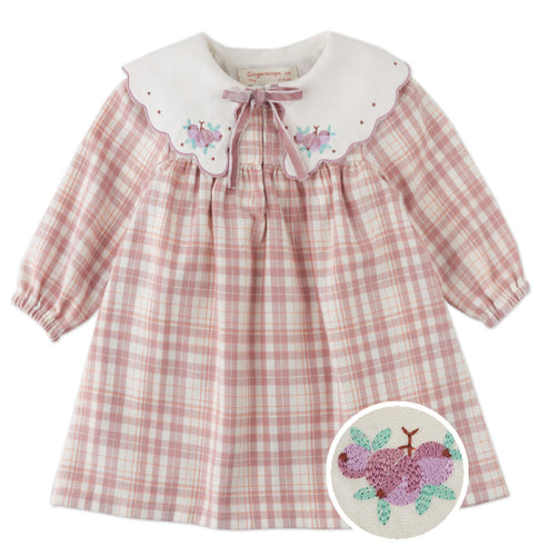 Pink checkered dress with embroidered collar and turtle design on a white background