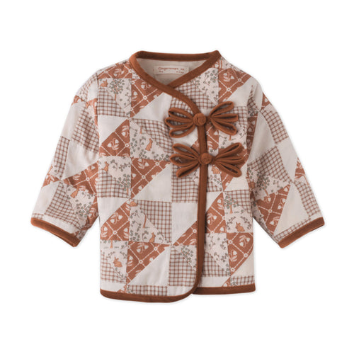 Baby jacket with checkered pattern and brown bow on a white background