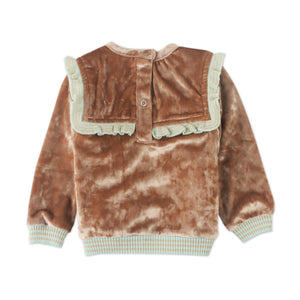 Brown velvet jacket with lace trim on a white background