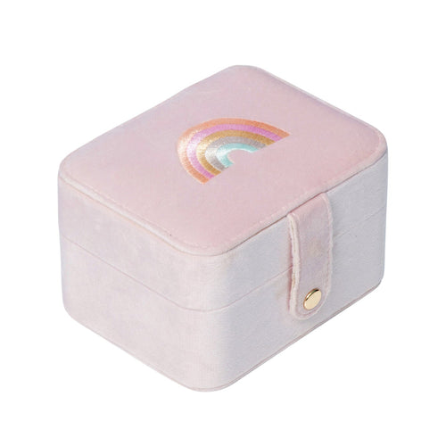Pink jewelry box with a rainbow design on a white background