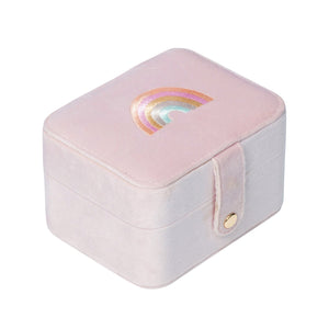 Pink jewelry box with a rainbow design on a white background