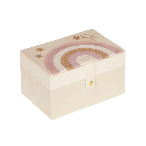 Small wooden box with rainbow design on a white background