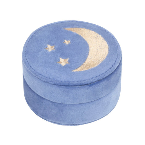 Blue jewelry box with gold crescent moon and stars on a white background