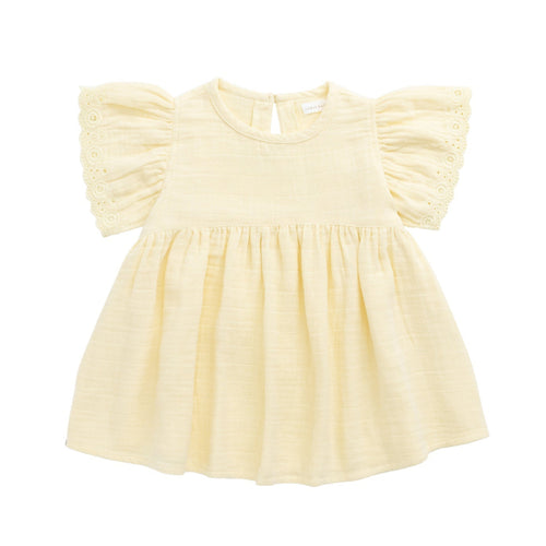 Yellow blouse with ruffled sleeves on a white background