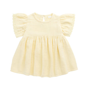 Yellow blouse with ruffled sleeves on a white background