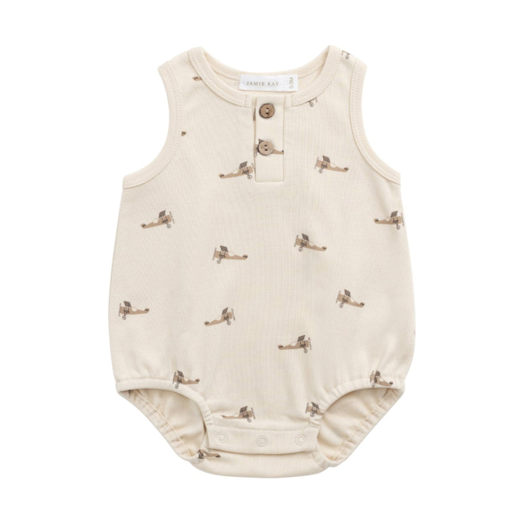 Baby romper with bird pattern on a white background