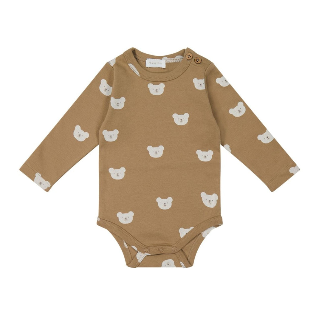 Organic Cotton Fernley Long Sleeve Bodysuit - Bears Caramel Cream