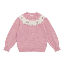 Load image into Gallery viewer, Pink knitted cardigan with lace collar on a white background