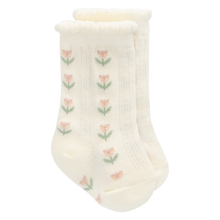 Load image into Gallery viewer, White sock with pink floral patterns on a white background
