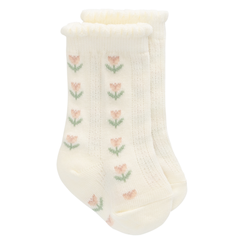 White sock with pink floral patterns on a white background
