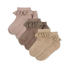 Load image into Gallery viewer, 3 pack lace lurex socks - rose/sand/roebuck
