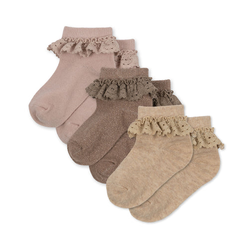 3 pack lace lurex socks - rose/sand/roebuck