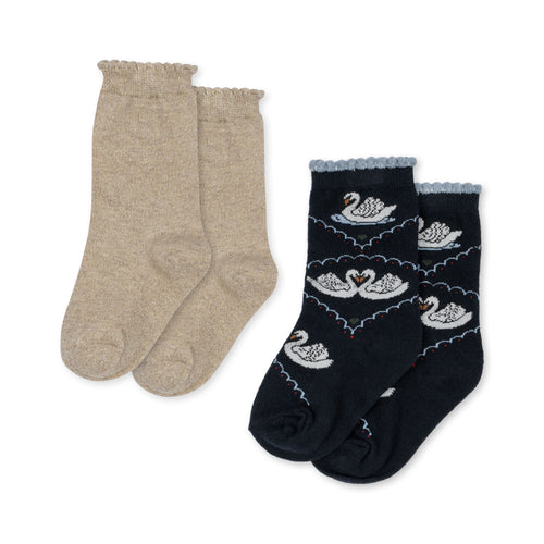 2 pack jacquard swan socks - navy/off white