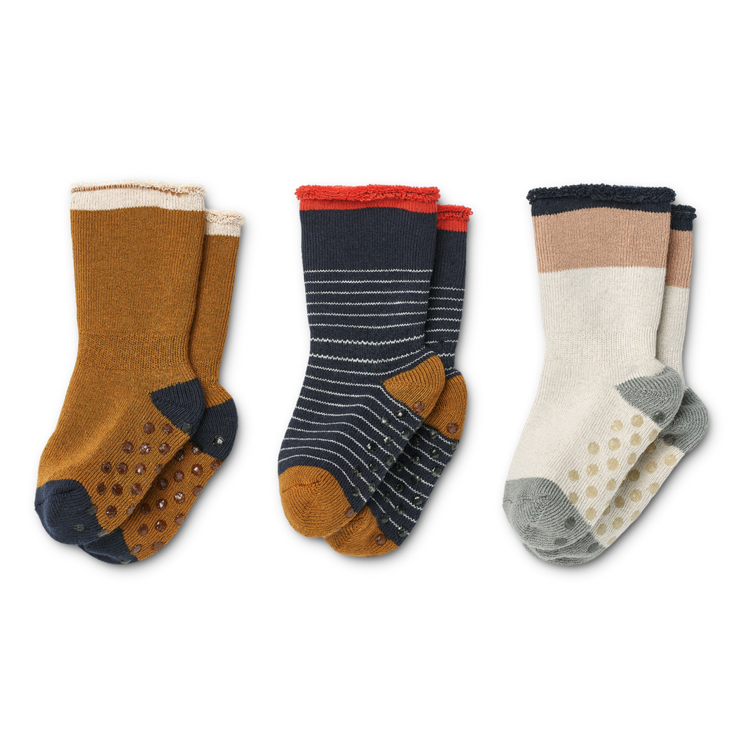 ELOY ANTI-SLIP BABY SOCKS 3-PACK - Y/D STRIPE CLASSIC NAVY / SANDY
