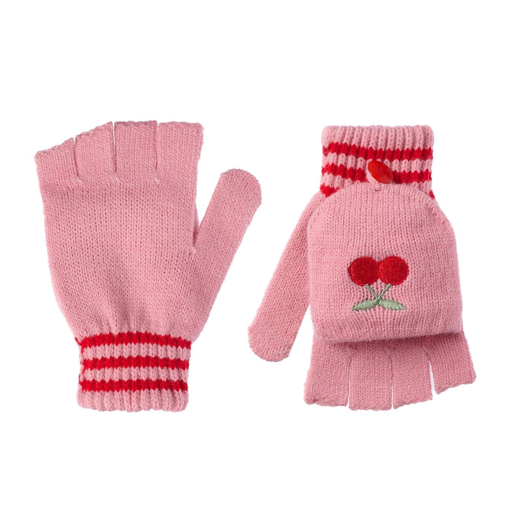 Pink gloves with cherry design on a white background