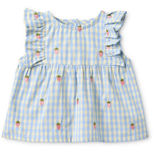 將圖片載入圖庫檢視器 Flöss Mille Baby SL Set Sky Berry Gingham top in soft fabric with a cute, vibrant sky berry checkered pattern.