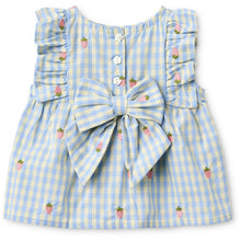 Load image into Gallery viewer, Blue and yellow checkered dress with a large bow on a white background