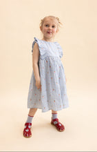 Load image into Gallery viewer, Flöss Mille SL dress in Sky Berry Gingham with a fitted bodice and flowing skirt, perfect for casual or semi-formal occasions.