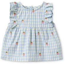 Load image into Gallery viewer, Flöss Mille SL Dress in Sky Berry Gingham, a lightweight floral dress with a feminine silhouette and vibrant gingham pattern.