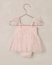 Load image into Gallery viewer, Pink baby romper with sheer sleeves on a beige hanger against a beige background