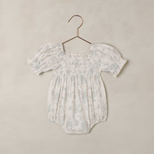 Load image into Gallery viewer, Noralee Hazel Romper in Mist English Rose color, featuring lightweight fabric and floral pattern, displayed on a hanger.
