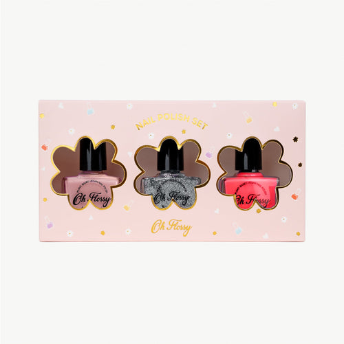 Set of three nail polishes in black, pink, and gray with 'Oh Fery' branding on a pink background.