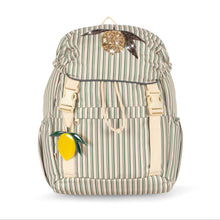 Load image into Gallery viewer, Striped backpack with a lemon charm on a white background
