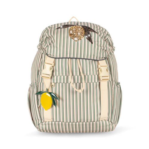 Striped backpack with a lemon charm on a white background