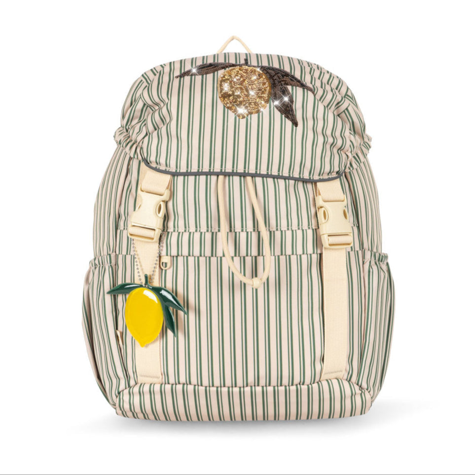 Striped backpack with a lemon charm on a white background