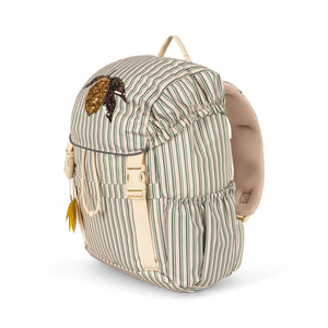 Striped backpack with a decorative element on a white background