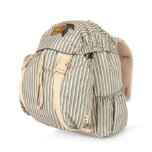 Load image into Gallery viewer, Green striped backpack with a brown handle on a white background