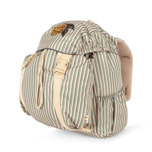 Green striped backpack with a brown handle on a white background
