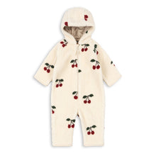 Load image into Gallery viewer, White baby snowsuit with cherry pattern on a white background
