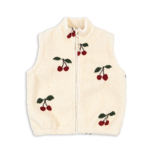 Cream-colored vest with cherry embroidery on a white background