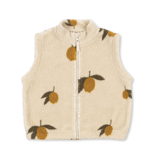 Beige fleece vest with lemon pattern on a white background