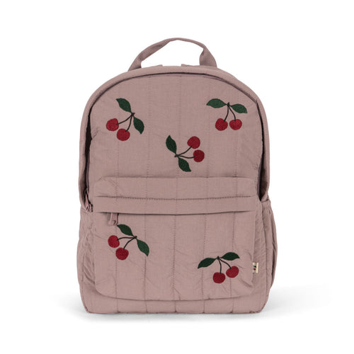 Pink backpack with cherry designs on a white background